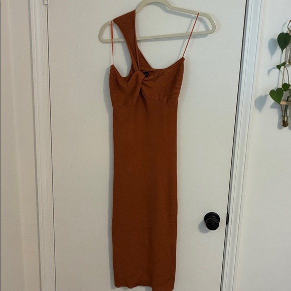 House Of Harlow Burnt Orange Ribbed Knit Asymmetrical 1 Strap Midi Dress Fall - Picture 2 of 8
